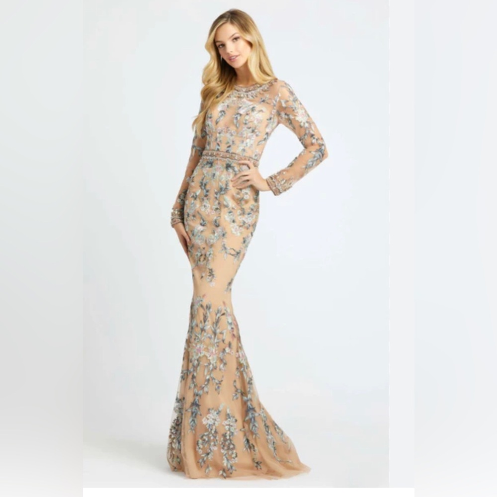 MAC DUGGAL Nude Floral Embroidered Jewel Sheer Long Sleeve Gown 12 US
